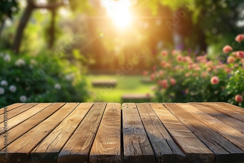 Empty wood table top and blur of out door garden background Empty wooden table space for text marketing promotion. blank wood table copy space for background See Less