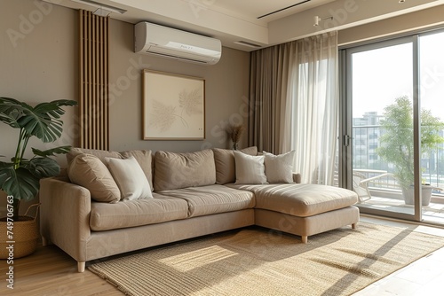 Japandi living room interior with cozy beige couch  modern minimalist design of apartment