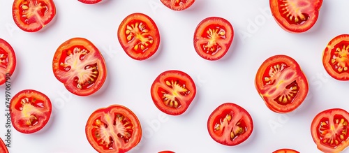 A top-down view of a group of freshly sliced tomatoes arranged neatly on a clean white surface. The vibrant red color of the tomatoes contrasts beautifully against the white background, making them