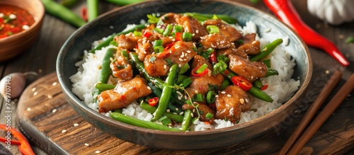 A bowl on a wooden table filled with steamed white rice topped with stir-fried pork, green beans, garlic, chili, and ginger.