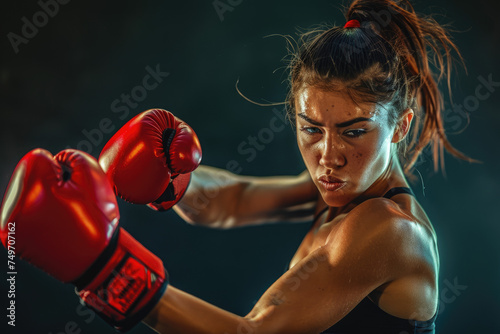 Kickboxing woman in activewear and red kickboxing gloves performing a martial arts kick