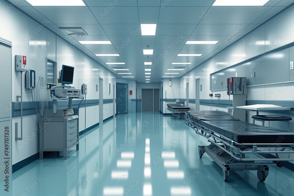 Interior of modern hospital building with emergency empty room and nurses station.