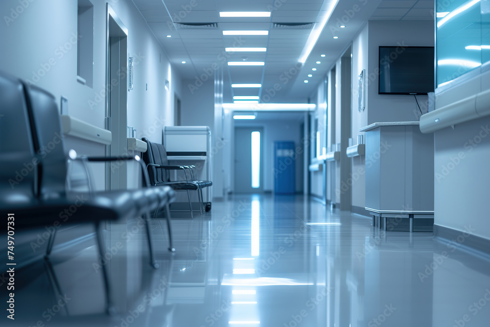Fototapeta premium Interior of modern hospital building with emergency empty room and nurses station.