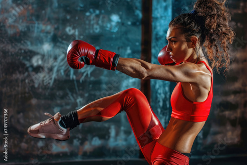 Kickboxing woman in activewear and red kickboxing gloves performing a martial arts kick