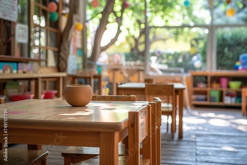 Playful Learning- An Empty Table in the Forefront of a Blurred Preschool Setting
