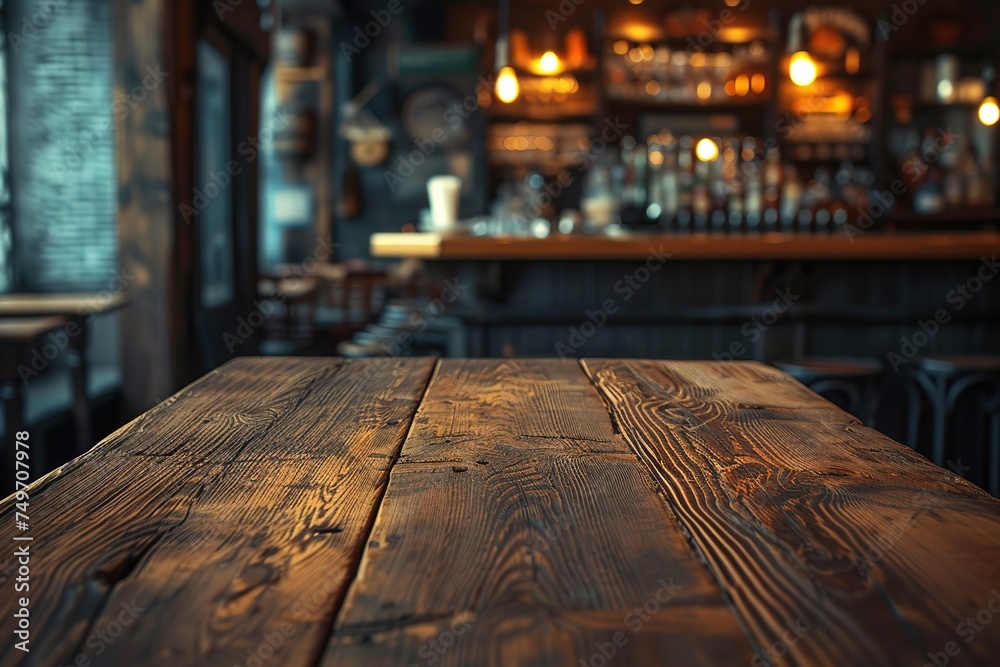 Rustic empty wooden table. Vintage pub interior. Dark wood counter. Restaurant space. Abstract bar scene