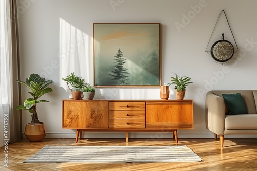Retro  wooden cabinet and a painting in an empty living room interior with white walls and copy space place for a sofa. Real photo.