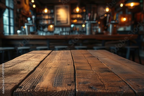 Rustic empty wooden table. Vintage pub interior. Dark wood counter. Restaurant space. Abstract bar scene