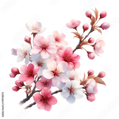 Sakura Pink cherry blossoms bloom against a white background in a beautiful spring scene, capturing the delicate beauty of nature's floral display