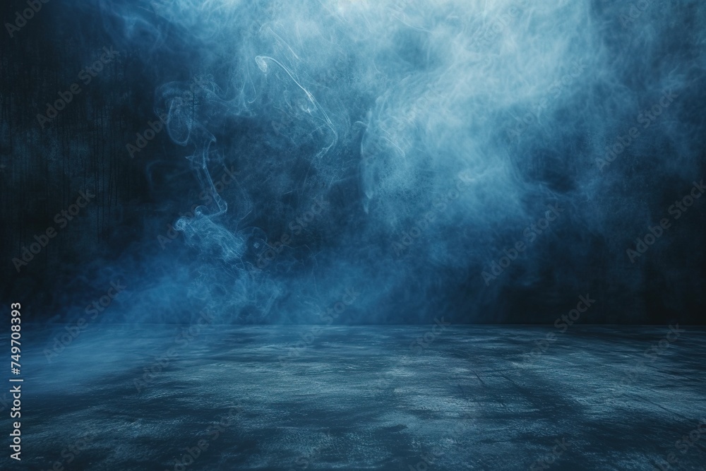 The concrete floor and studio room with smoke float up the interior texture for display products Dark street, asphalt abstract dark blue background - obrazy, fototapety, plakaty 