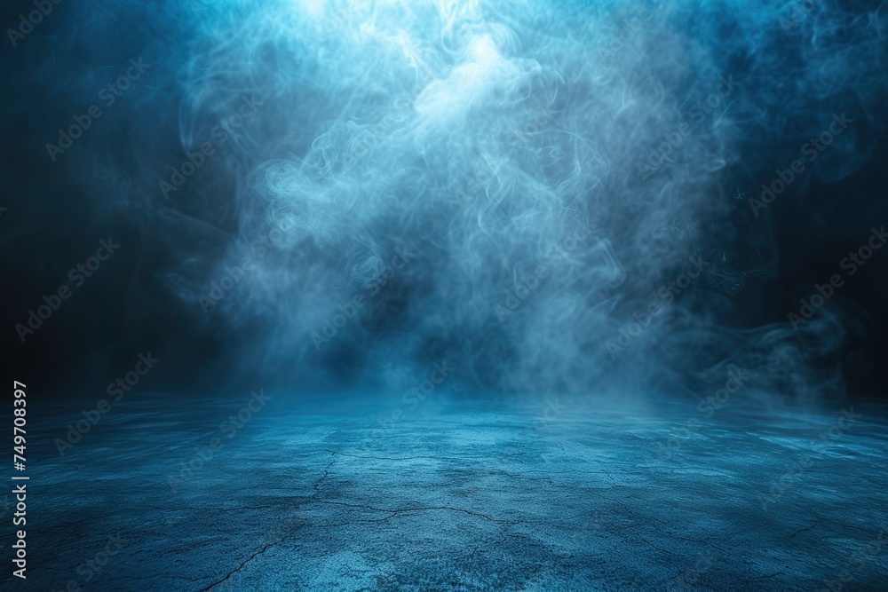 The concrete floor and studio room with smoke float up the interior texture for display products Dark street, asphalt abstract dark blue background - obrazy, fototapety, plakaty 