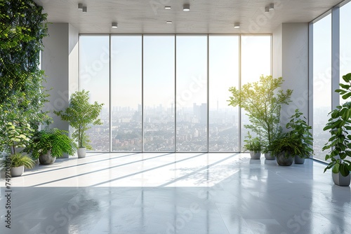 Sunlight fills the spacious  airy rooms. Biophilic design in a minimalist  white interior with plants. View of the city from the panoramic windows. Ecological  green and modern interior concept 