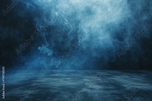 The concrete floor and studio room with smoke float up the interior texture for display products Dark street, asphalt abstract dark blue background photo