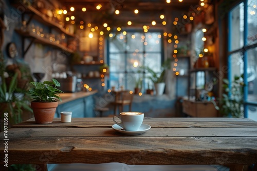 This stunning coffee shop photograph featuring a cozy shelf and table setup  perfect for a cafe or restaurant decor. The bokeh effect in the background adds a touch of magic to the scene See Less