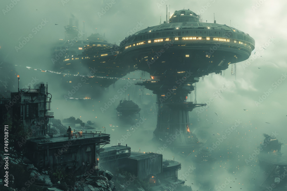 Futuristic Dystopian City Enshrouded in Smoke and Fog Futuristic Dystopian City Enshrouded in Smoke and Fog
