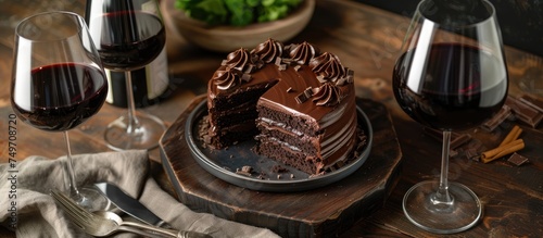 A rich chocolate cake sits on a white plate, adorned with intricate decorations, next to two elegant glasses of red wine. The pairing of the indulgent dessert with the fine wine creates a luxurious