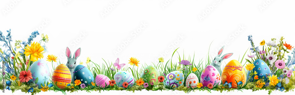Easter Bunny Eggs Cute Rabbit Isolated White Background Header Banner