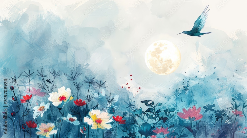 Obraz premium Abstract watercolor painting of whimsical flowers bathed in the soft glow of a full moon with a bird in flight