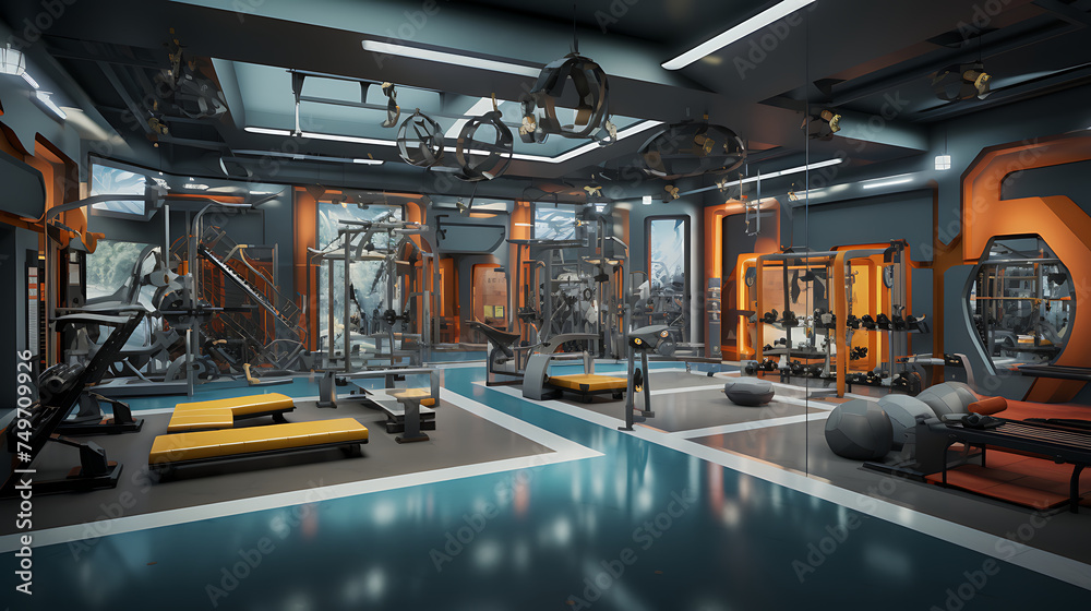 A gym layout for a reality TV show-themed fitness center, with themed workout challenges and competitions.