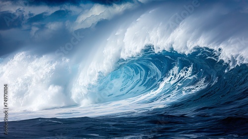 Spectacular colossal ocean wave surging dramatically against a stunning blue sky