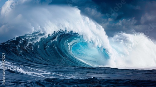 Giant ocean wave against blue sky, side view perspective showcasing nature s power and beauty