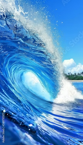Spectacular view of a colossal ocean wave crashing under a vibrant blue sky on a sunny day