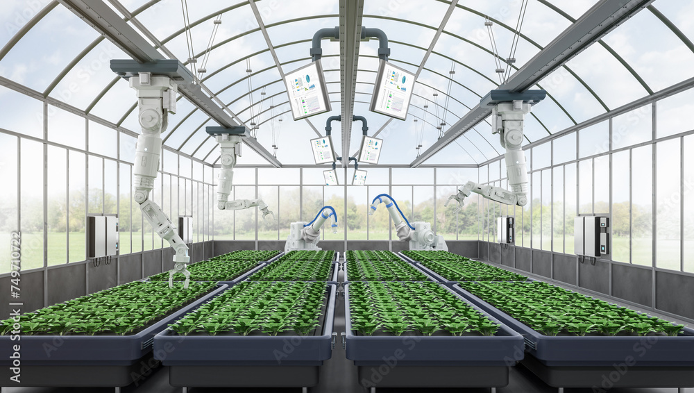 Agriculture technology with robot assistant in indoor farm or glasshouse Agriculture technology with robot assistant in indoor farm or glasshouse