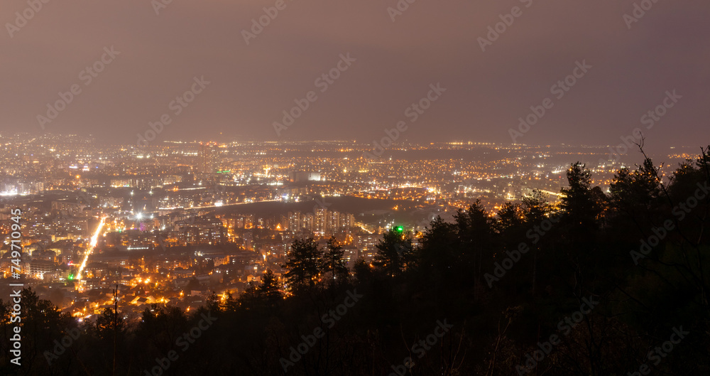 Night city scape at top view point of Skopje, North Macedonia