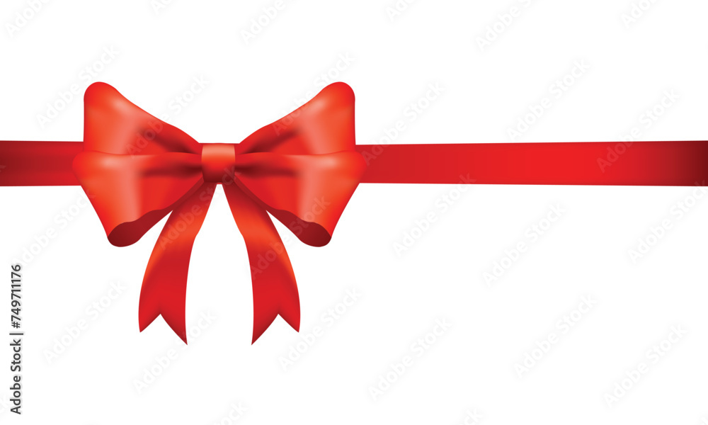 Red Ribbon Bow Realistic shiny satin with shadow horizontal ribbon for decorate your wedding invitation card ,greeting card or gift boxes vector EPS10 isolated on white background.