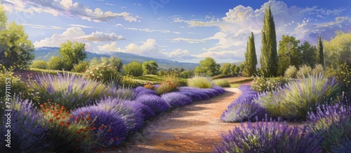 A painting depicting a path weaving through a vibrant lavender field, with rows of blooming purple flowers on either side under a blue sky.