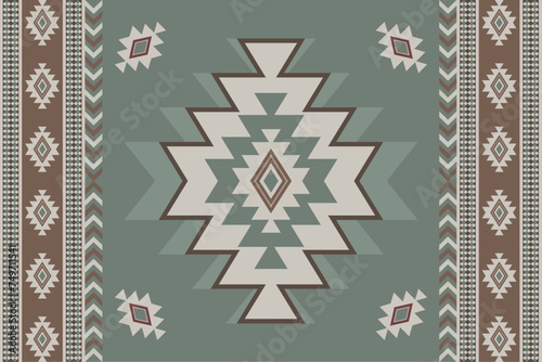Ethnic fabric pattern, green, gray, brown, geometric design for textiles and clothing, blankets, rugs, covers, vector illustration.