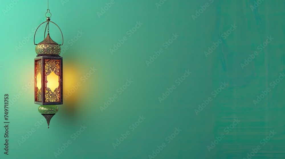 Beautiful arabic gold lanterns on green wall background for prosperous Ramadan Kareem Beautiful arabic gold lanterns on green wall background for prosperous Ramadan Kareem