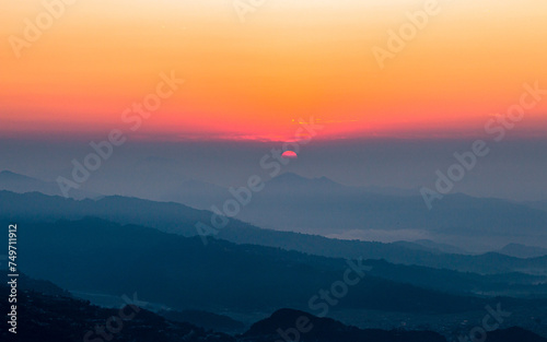 landscape view of gloomy Sunrise over the Pokhara valley, Nepal.