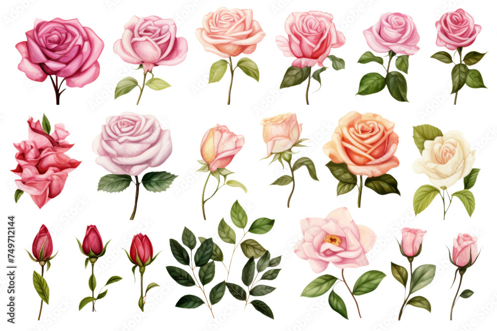 A collection of watercolor roses flowers isolated on transparent background.