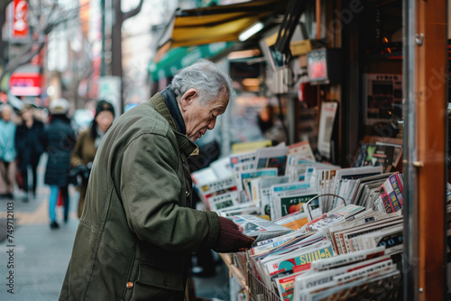 An old man is reading and buying newspapers on the street © Kien