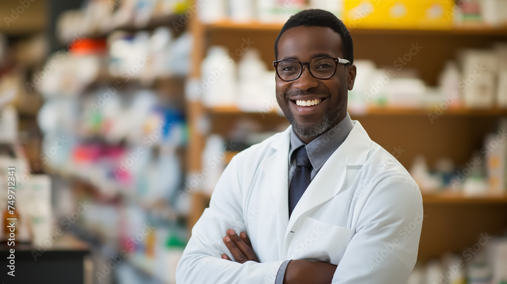 Smiling pharmacist in white coat, confident. Smiling pharmacist in white coat, confident.