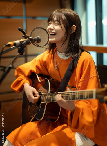 レコーディング中のアジア人女性