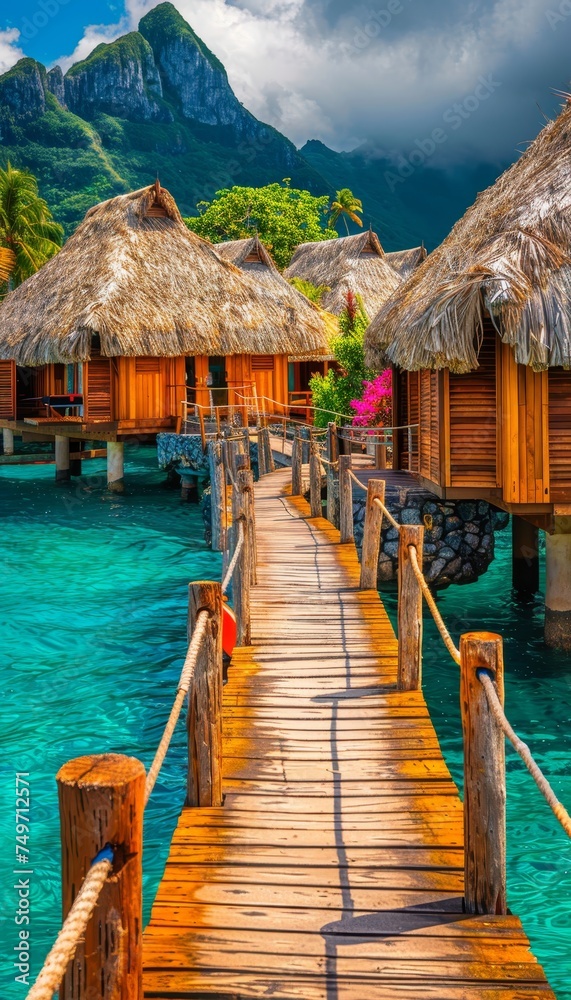 Picturesque wooden walkway to overwater bungalows in tropical resort over turquoise ocean waters