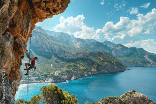 Professional male climber on overhanging rock against beautiful view coast photo