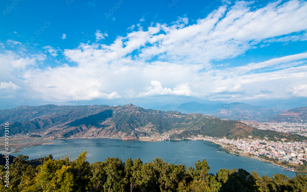 Landscape view of Phewa lake in Pokhara, Nepal.