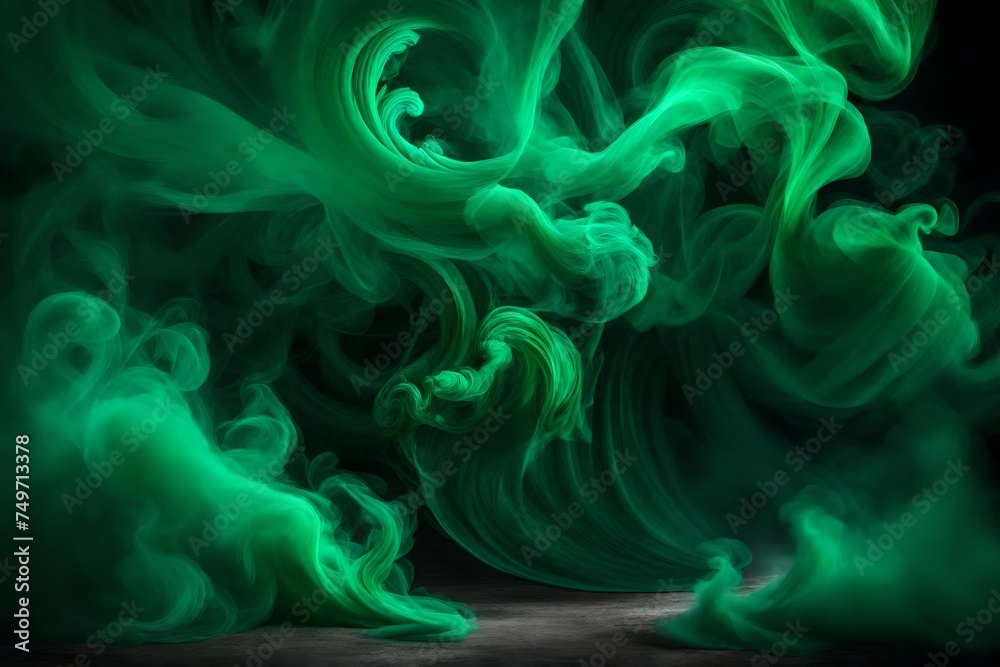Witness the Enigmatic Choreography of High-Definition Captured Emerald Green Smoke, Unfurling in a Mesmerizing Dance of Mystery and Beauty, Each Swirling Movement Conjuring an Ethereal Symphony of Int