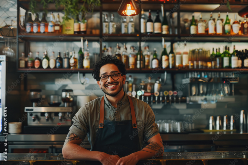 smiling bartender standing the front of the counter in a restaurant