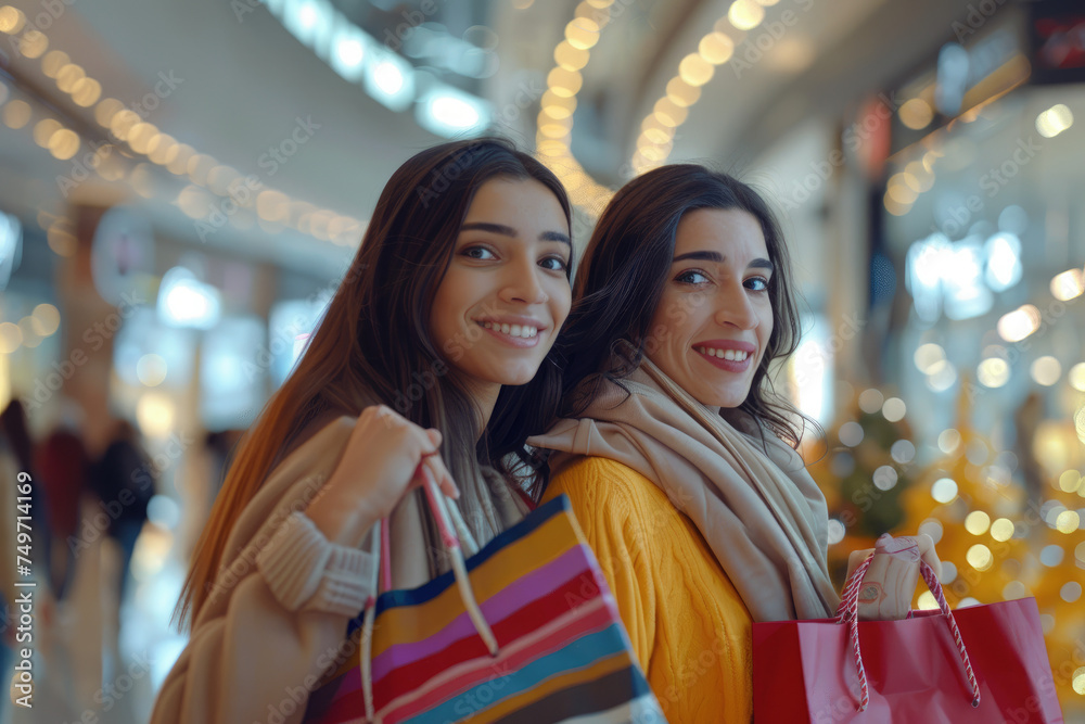 Young happy two woman with shopping bags at mall looking away