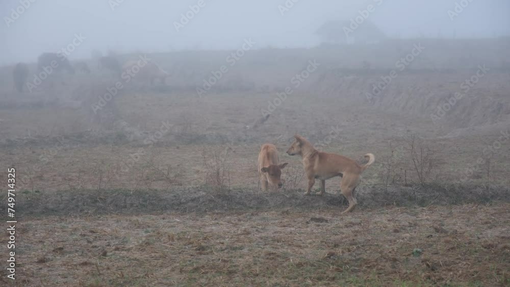 Two dogs, chicken and a herd of cows grazing in the rice field on foggy day Two dogs, chicken and a herd of cows grazing in the rice field on foggy day