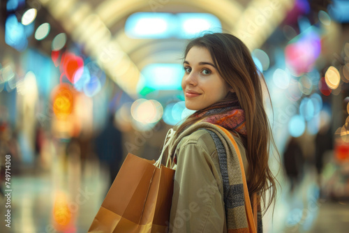 Young happy woman with shopping bags at mall looking away