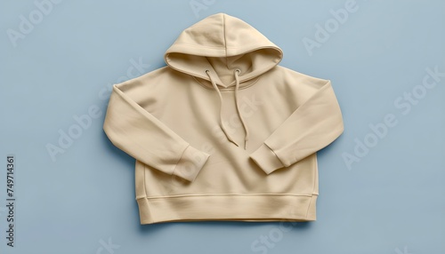 A cream-colored hoodie. It has a large pocket on the front and regular-length sleeves. The material is soft and comfortable, suitable for casual or sports wear.