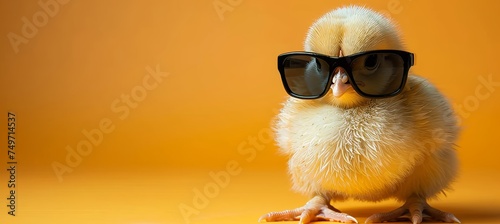 Amusing chicken in sunglasses isolated on pastel background with copy space for text