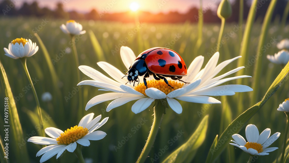 A solitary ladybug basks in the warm light on a white flower, casting a captivating shadow on the meadow floor and the vibrant colors of the setting sun reflect in its tiny wings - obrazy, fototapety, plakaty 