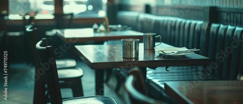 Dinning table and chair of a restaurant with steel cup and cutlery set.