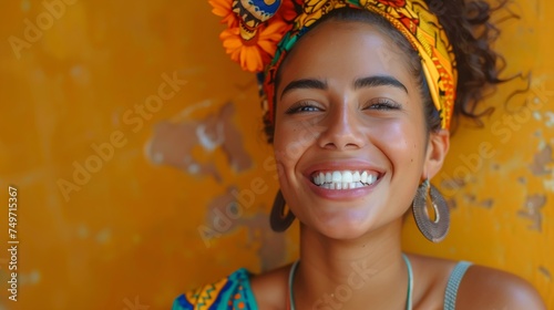 Joyful Woman with Colorful Headscarf Smiling Against Yellow Background